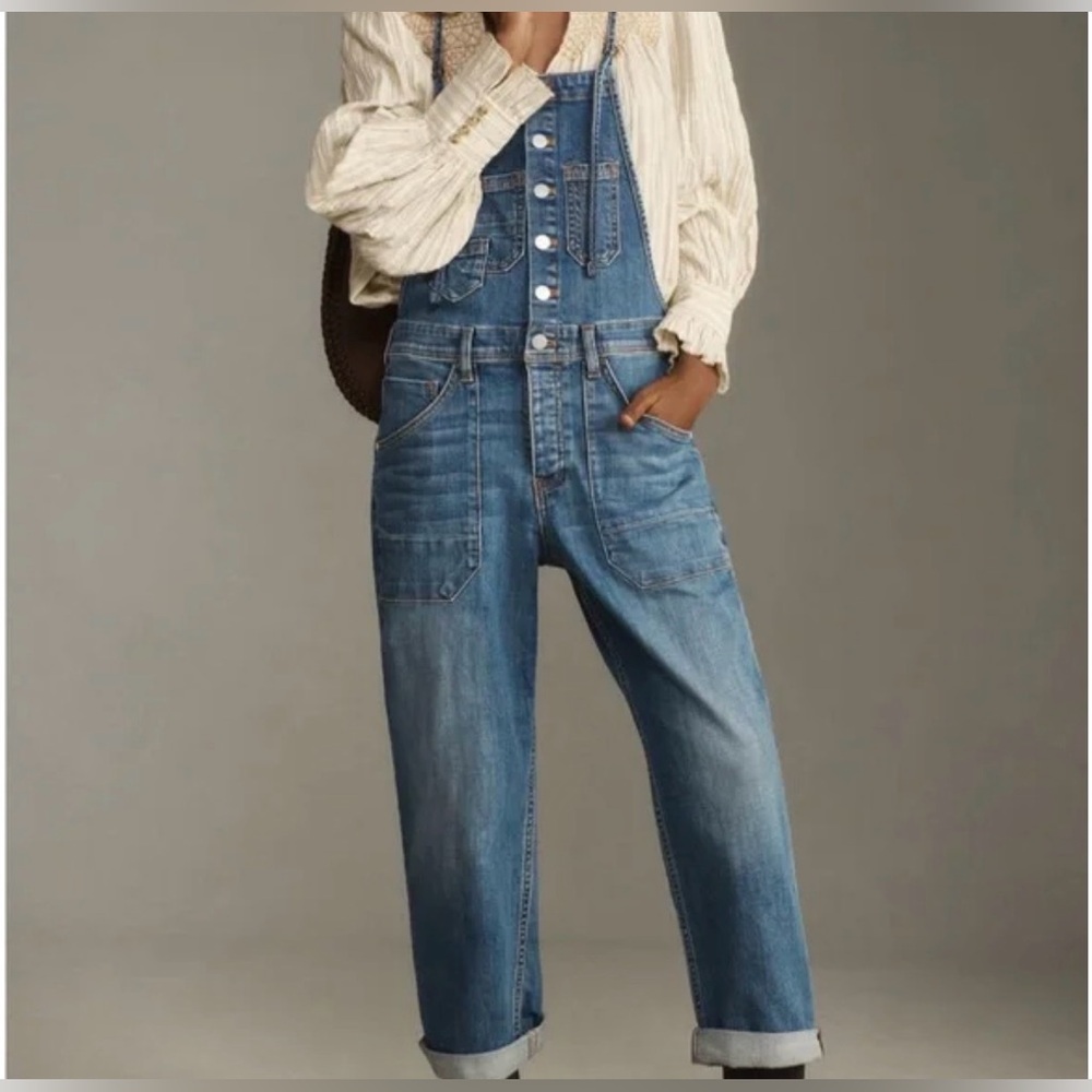 Anthropologie Pilcro Painter Distressed Light Blue Denim Overalls. Size L.